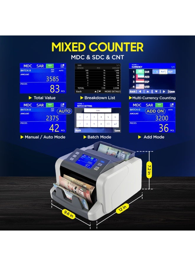 جيرزون عداد نقود GearZone متعدد الفئات، شاشة لمس، عدّ نقدي بسرعة 1000 ورقة نقدية في الدقيقة، كشف بالأشعة فوق البنفسجية/المغناطيسية/الأشعة تحت الحمراء/الضوء الرقمي، عداد عملات وأنماط متعددة للأعمال - Image 2